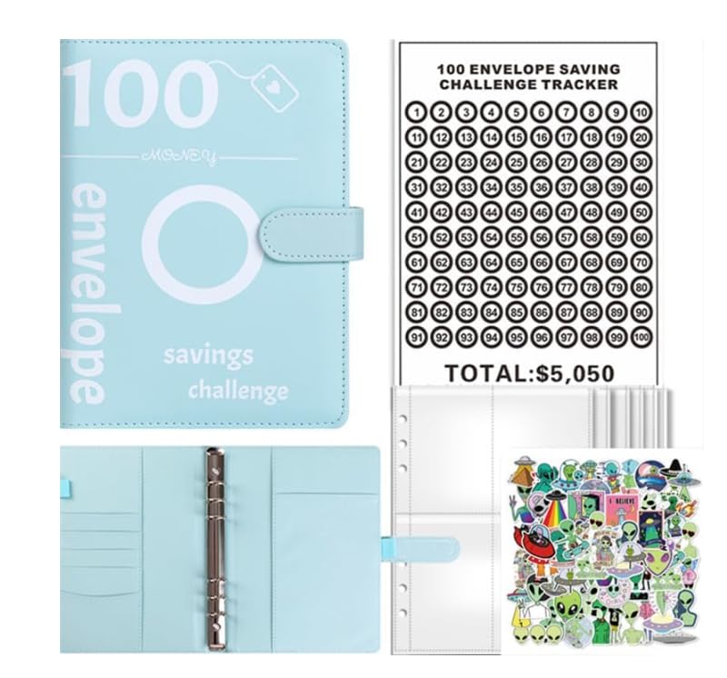 100 Envelopes Saving Challenge,Savings Book with Cash Envelopes Fun Budget Challenges for Money Easy Budget Binder Organizer for Couples Offices Home School (Blue, Alien)