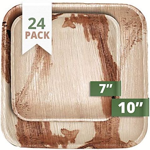 CaterEco Square Palm Leaf Plates Set (24 Pack) | (12) Dinner Plates and (12) Salad Plates | Ecofriendly Disposable Dinnerware | Heavy Duty Biodegradable Party Utensils for Wedding, Camping & More
