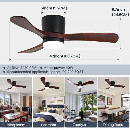 GESUM 42" Ceiling Fan with Lights Remote Control, Low Profile Ceiling Fan with 3 Walnut Wood Blades, Reversible,Dimmable, Flush Mount Ceiling Fans for Living Room Kitchen Bedroom(Black+Walnut)