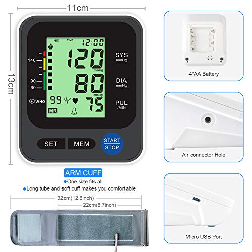 Blood Pressure Monitor for Home Use with Large 3.5'' LCD Display, Wowgo Digital Upper Arm Automatic Measure Blood Pressure and Heart Rate Pulse with Wide-Range Cuff，Three-Color Backlight Display - Thumbnail 6