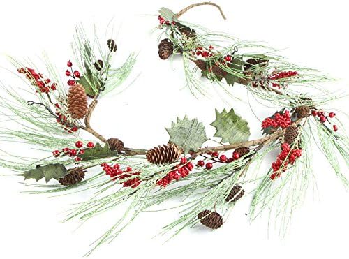 Iced Holiday Pine Garland with Red Berries, Holly Leaves, Wood Snowflakes and Natural Pinecones