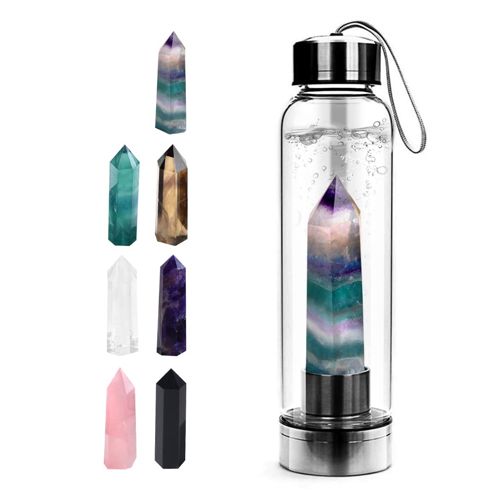Tyuodna Crystal Water Bottle, Removable Natural Crystal Quartz Glass Water Bottle, Healing Natural Quartz Water Bottle, Portable Proof Leak Gemstone Bottle 550ml (Colorful Fluorite+Bottle)