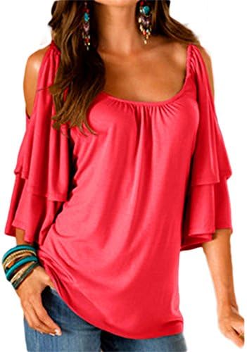 SUNTTON Womens Cold Shoulder 3/4 Sleeve Casual Loose T-Shirt Blouse Tops