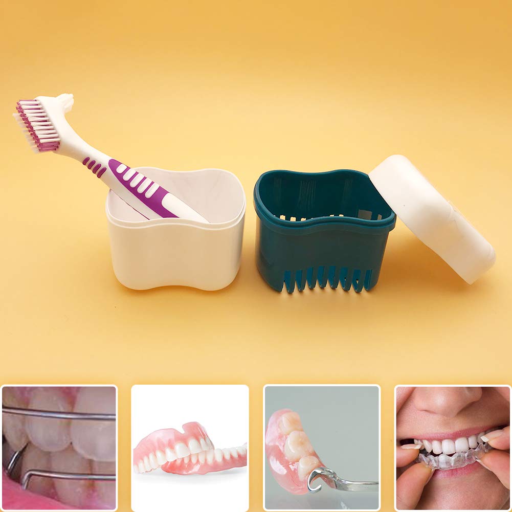 2 Denture Bath Cases with 2 Denture Cleaner Brushes, Denture Holder Brush Retainer Case, Dentures Container with Removable Strainer Basket Holder : Beauty