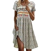 Womens Sundress 2025 Summer Boho Floral Short Sleeve Crewneck Midi Dress Casual A-Line Flowy Knee Lenth Dress with Pocket