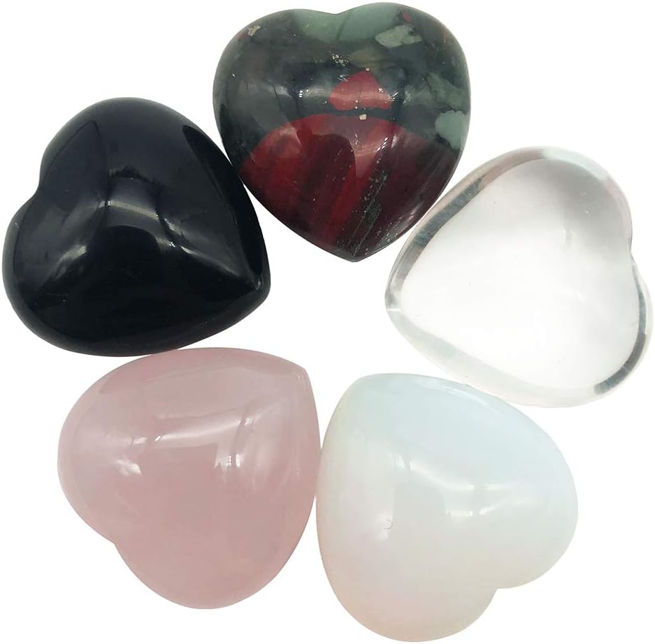 favoramulet Carved Healing Crystal Heart Love Palm Worry Stone Reiki Balancing Size 1 inch, Mixed Stone, Pack of 5