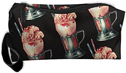 LogicPor Strawberry Milkshake Portable Zipper Makeup Bag Travel Cosmetic Pouch Toiletries Bag Storage Bag Organize Stationery Pencil Holder Coin Purse Medicine Kit Bag