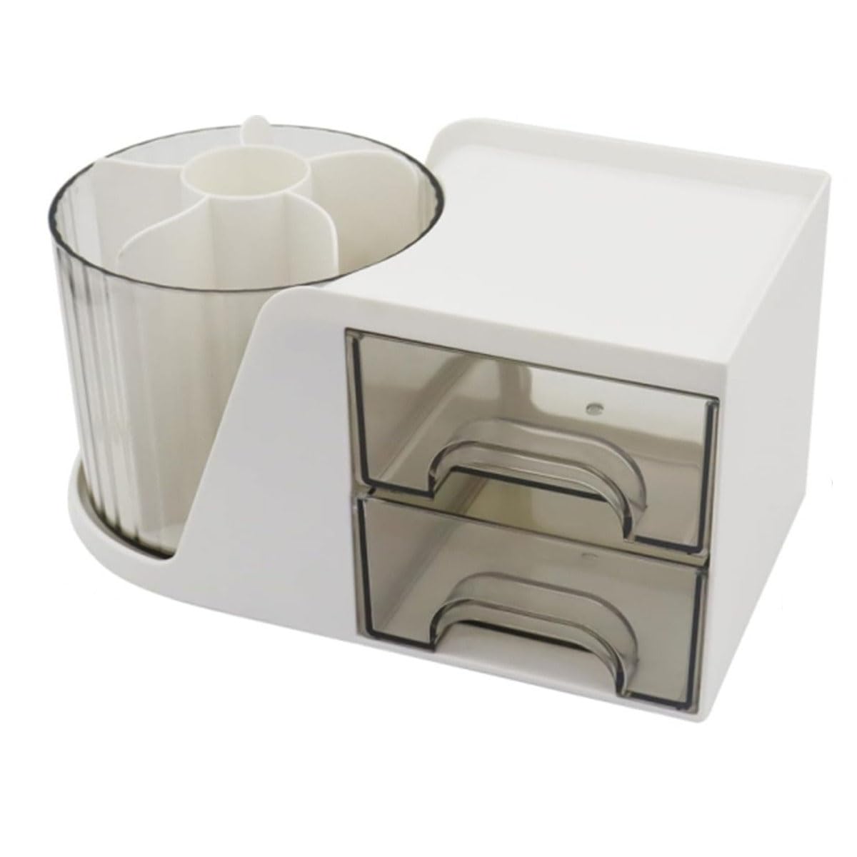 Coyanyu Desk Organiser, 360° Rotating Pen Holder with 2 Drawers, Multi-Functional Desk Tidy Desktop Organizer Stationery Storage Box for Office School Home, Makeup Desk Supplies, White