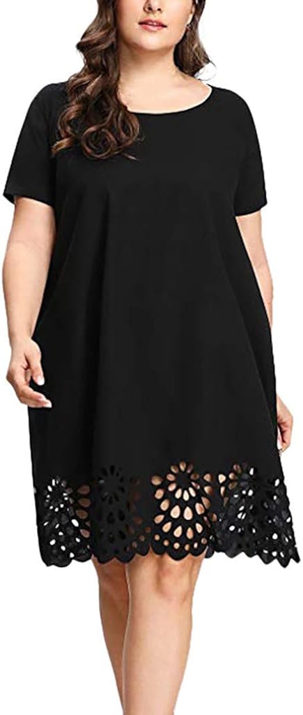 KIMODO Plus Size Sundress Women Solid Short Sleeve O-Neck Hollow Out Hem Casual Summer Beach Sun 