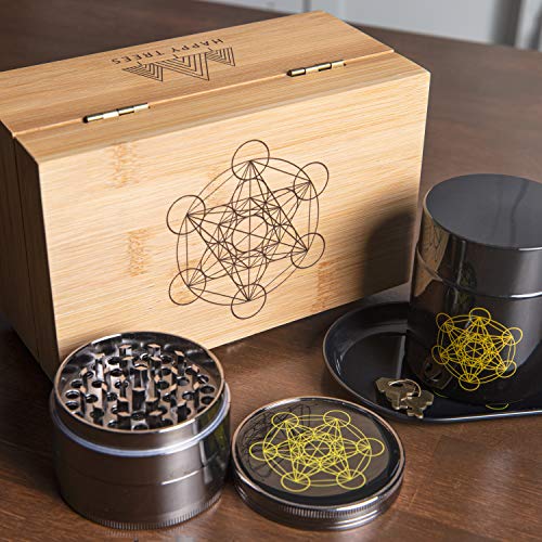 Stash Box Combo - Locking Wooden Box with Grinder, Rolling Tray, Smell Proof Glass Jar - Bamboo Box with Lock Accessories Kit - Metatron's Cube Design