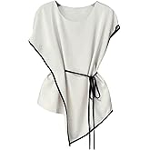 Floerns Women's Elegant Asymmetrical Tie Front Blouse Top Crew Neck Cap Sleeve Shirts