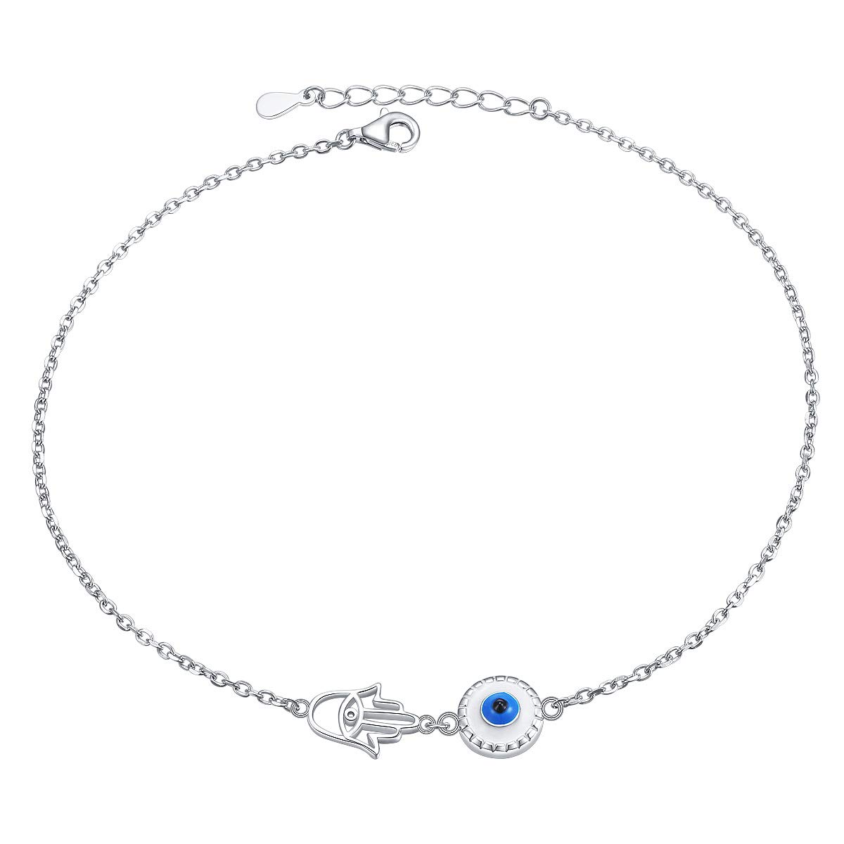 Flyow S925 Sterling Silver Evil Eye Hamsa Hand Butterfly Beaded Cross Charm Anklets for Women Girls, Adjustable 9 Inches +1 Inch Foot Chain Jewelry (Evil Eye Hamsa Hand)