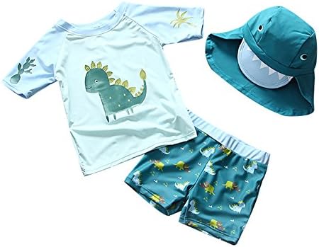 Toddler Baby Boys Short Sleeve Sun Protection Dinosaur Swimsuit Three Piece Kids Little Boys Rash Guard Round Neck Swimwear