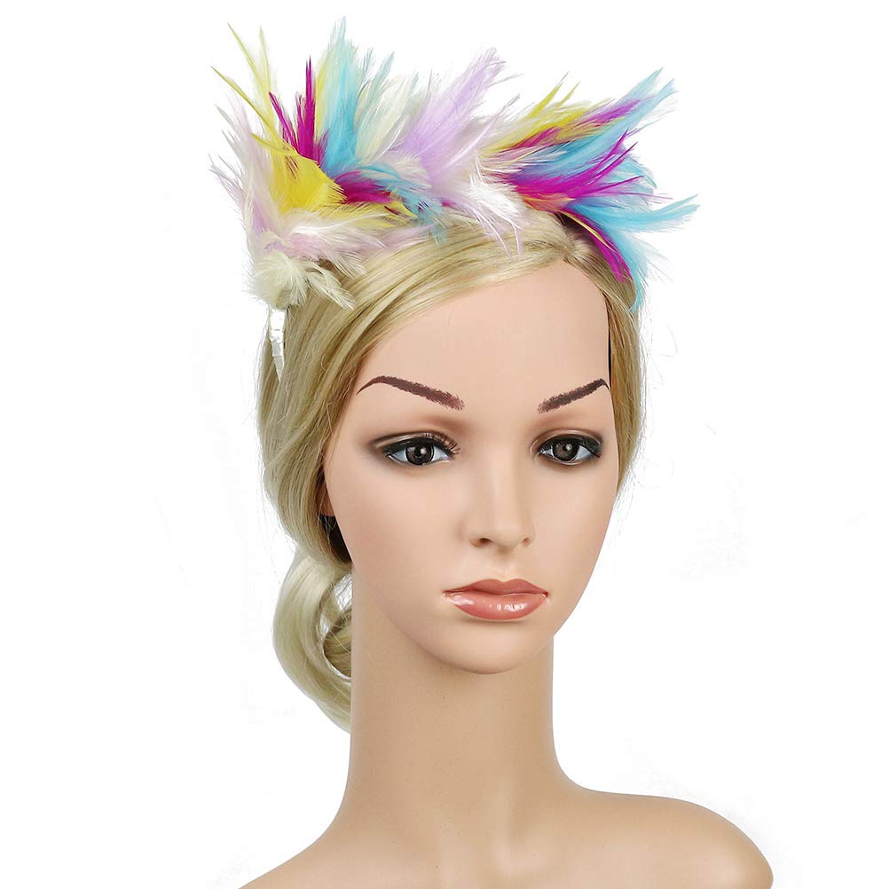 Feather Fascinator Headband,Tea Party Headwear 1920s Headbands Flapper Headpieces 1920s for Women (Light Rainbow Color)