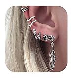 Defiro Vintage Punk Stud Earrings Set Carved Piercing Non Piercing Ear Cuff Owl Leaf Fatima Moon Sun