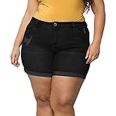 Sghenr Plus Size Women's Ripped Denim Jean Shorts High Waisted Stretchy Folded Hem Short Jeans