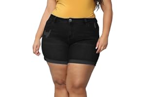 Sghenr Plus Size Women's Ripped Denim Jean Shorts High Waisted Stretchy Folded Hem Short Jeans