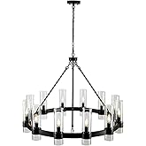 MAYNA 36 Inch Black Wagon Wheel Chandelier with Glass Shade, 12 Lights, Modern Farmhouse Style, Ideal for Dining Room, Kitche