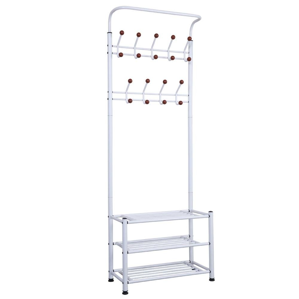 Yaheetech Metal 18 Hooks Coat Garment Rack with 3 Tier Shoes Rack Shelves Hall Tree Storage Organizer for Entryway, White