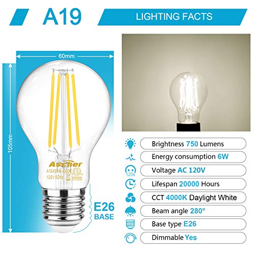 image for Ascher 60 Watt Equivalent, Dimmable E26 LED Filament Light Bulbs, Dayl