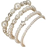 COLORFUL BLING Layered Pearl Stretch Bracelets Set for Women Daisy Flower Heart Star Simulated Pearl Stackable Elastic Bracelets Chunky Beaded Ball Adjustable Multilayer Bangles Wedding Jewelry Gift