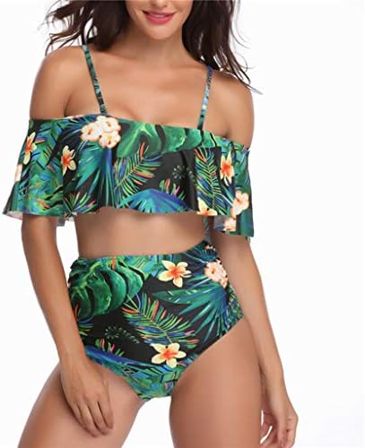 Women Padded Ruffles Leaves Print Beach High Waist Suit Bikini Swimwear Plus