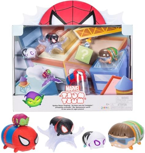 Disney Marvel - Set Figurines Tsum Tsum Spiderman - 7 cm - Jouets Empilables - 6 Figurines de Collections Dont 1 Mystère - Acessoires Toile d'Araignée - Stimule l'Imagination - Cadeau Enfant 6 Ans+