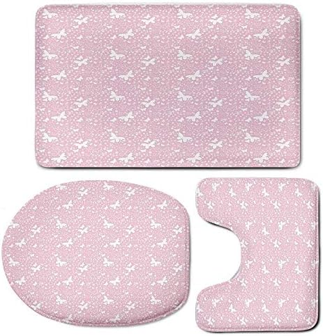 CANCAKA Premium 3 Piece Bath Rug Set,Butterflyfor Bathroom Contour Rugs Combo,Butterfly Silhouettes on Flowered Soft Background Ornamental Design Nature Decorative
