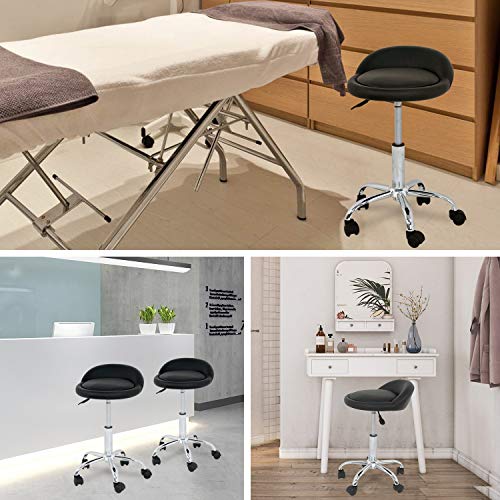 Oteymart Adjustable Hydraulic Rolling Stool Chair PU Leather Shop Stool Swivel Drafting Work Salon Stools with Wheels & Backrest (Black) - Thumbnail 2