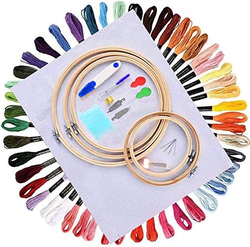 Full Range of Embroidery Starter Kit Including 5pcs Bamboo Hoops, 50 Color Threads, 2pcs 12 Inch 14 Count Classic Reserve Aida and Cross Stitch Tool Kit for Beginners (50 Color Threads Kit)