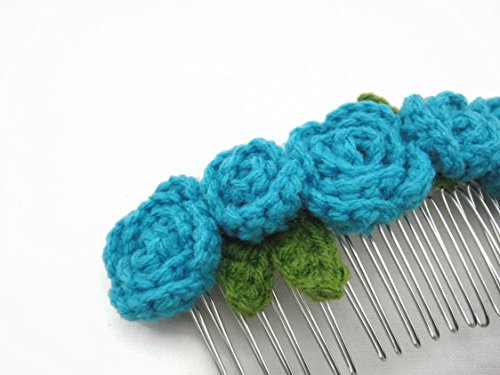 Hair Comb Slides Clip Girl Accessories Crochet Flower Roses Light Blue