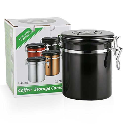 Coffee Container Airtight for Ground or Whole Beans Stainless Steel Vacuum Sealed Black Kitchen Storage Canister (16oz)