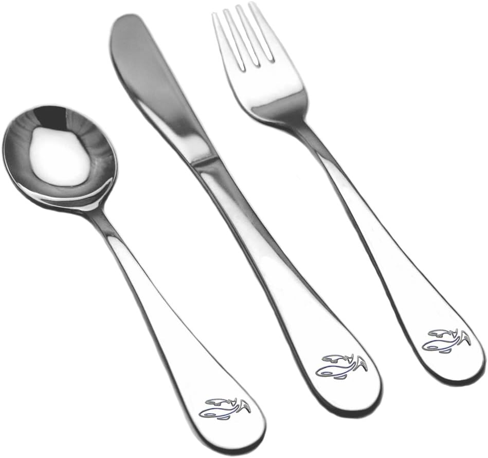 L'ENSEMBLE DE COUTELLERIES POUR LES BÉBÉ ET LES TOUT-PETIT- Formation Unique en coutellerie avec des conseils gratuits et astuces eBook. Le Smart-design des cuillère & fourchette est prouvé de faciliter la transition de l'alimentation des doigts ou BLW à l'alimentation des coutelleries. "me-feed-me" coutelleries de bébé par Salmon Luke. (argent)
