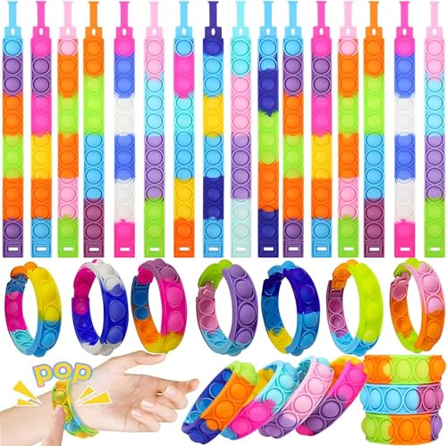 YUHOHO 50 Piezas Juego Push Pop It Burbuja Juguete Antiestrés Pulsera,Pop Pulsera Fidget Juguetes,Mano Dedo Prensa Multicolor Silicona Muñequera Juguete,Alivio estrés Finger Press Pulsera Silicona