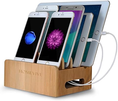 Homevive Bamboo mobile Charging Station Storage Box Dock Stand.Multi Device Desktop Organizer Compatible with 4/5/6-Port USB Charger for Smart Phones,Tablets,Kindles and Other Electronic Devices