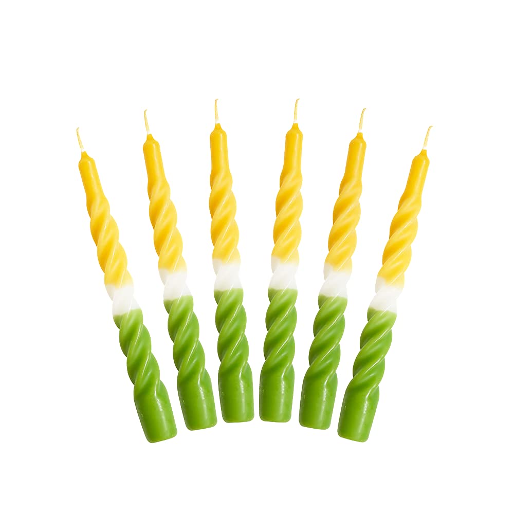Candles with a Twist, Green and Honey with a White Belt Twisted, Multi-Coloured, Unscented Candles, 6 pcs.