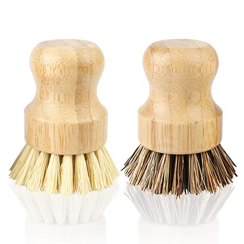 2 Pack Natural Dish Brush, Picowe Bamboo Round Natural Scrub Brush for Dishes Cast Iron Pots Pans Vegetables, Used in Bathroom Kitchen Sink Household Cleaning