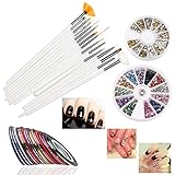 RUIMIO 30 Nail Tape, 15 Nail Art Brush, 12 Colors Nail Rhinestones, 3D Nail Art Gold / Silver Studs