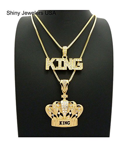 MENS KING CROWN BLACK & GOLD, KING ICED OUT HIP HOP PENDANT BOX CHAIN NECKLACE SET OF 2 (King/ King Crown)