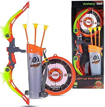 FI - FLICK IN Archery Bow and Arrow Set for Kids with Dart Target Board,LED Flash Lights with 3 Suction Cup Tip Arrows for Sports Outdoor Play