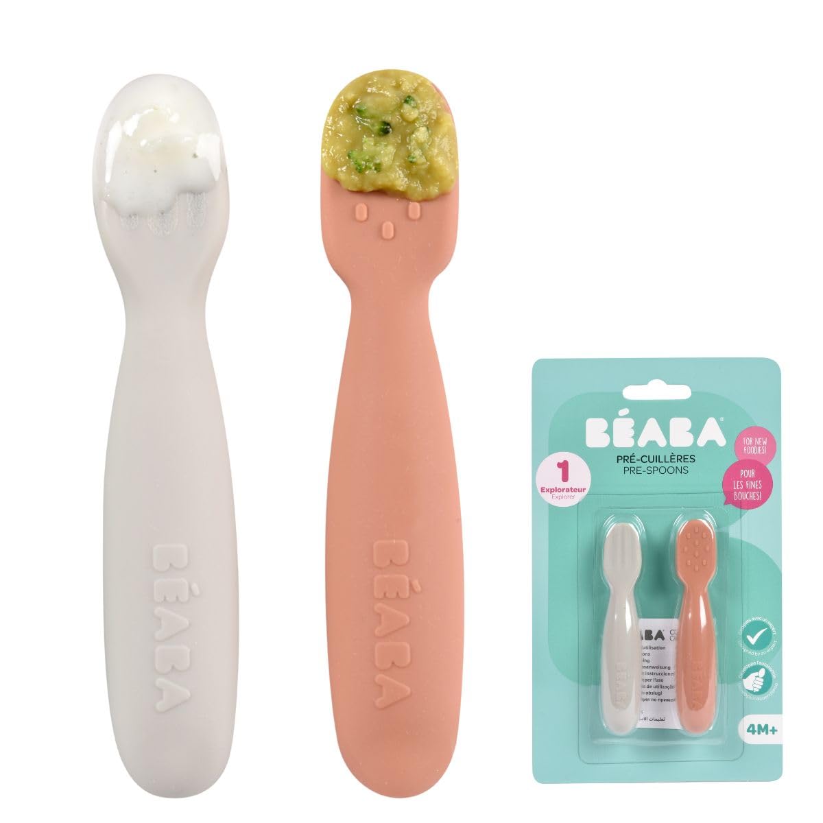 BEABA, Set of 2 1st Age Baby Spoons, Silicone Teaspoons, Baby Cutlery, from 4 Months, Ergonomic Shape, Different Textures, Ergonomic Handle, Terracotta/Velvet Grey