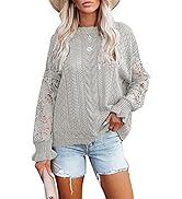 Bdcoco Womens Long Sleeve Lace Crochet Knit Sweaters Crewneck Hollow Out Pullover Jumper Tops