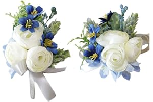 MAFELOE 2Pcs Artificial Wrist Corsage Boutonniere Set, Grooms Groomsmen Bridal Bridesmaids Wedding Flowers Accessories Prom Party Suit Decoration - Blue&White