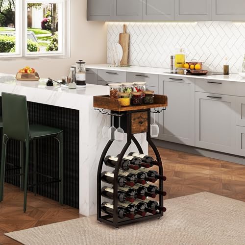 IBUYKE 15 Bottle Freestanding Wine Rack with Glass Holder and Storage Drawer, Mini Shelving Unit for Kitchen, Bar and Dining Room, Rustic Brown TMJ908H
