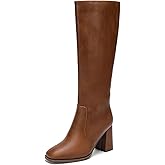 DOBOLIN Wide Calf Knee High Boots for Women Square Toe 3.5-Inch Chunky Heel Tall Boots Side Zipper Long Boots