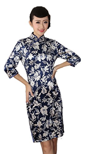 AvaCostume Women's Leaf Printed Chinese Vtg Slim Fit Qipao Dress