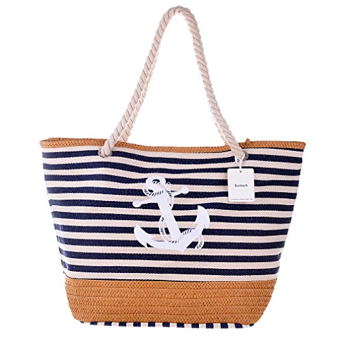 Sumerk Oversize Striped Canvas Beach Bag Cotton Totes with Rope Handle