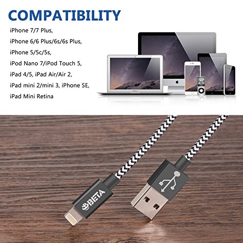 Beta iPhone Lightning Cable Pack/iPhone Charger Cable,USB to Lightning,Durable Nylon Braided Cord for Charging or Transmission Data Pack, MFi Certified for Ipad,iPhone (5pack 4ft, black)