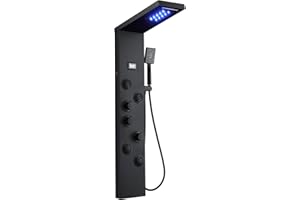MENATT MEANTT LED Lights Shower Panel Tower - Waterfall Rainfall Shower Panel Tower System with 4 Body Jets - 5-in-1 Multifunction Shower Column - Matte Black Stainless Steel Shower Tower with Handheld