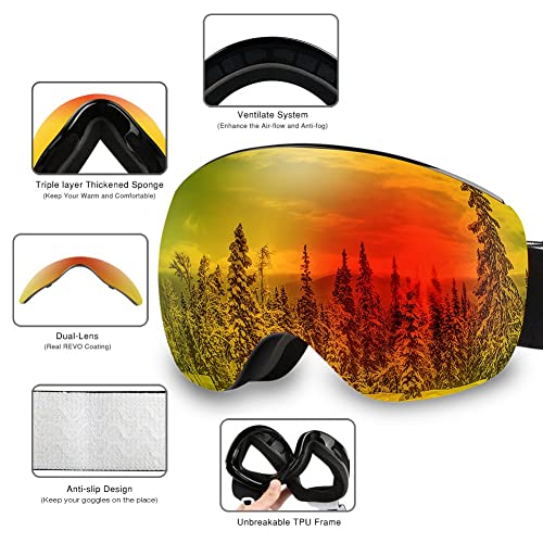 AKASO OTG Ski Goggles, Snowboard Goggles, Mag-Pro Magnetic Interchangeable Lenses, Anti-Fog, 100% UV Protection, Helmet Compatible, Snow Goggles for Men & Women